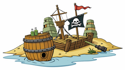 Poster - A weathered Pirate ship with tattered sails and a Jolly Roger flag sits anchored in a cove surrounded by barrels of rum and crates of plunder.  on. Cartoon Vector.