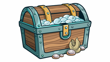 Poster - A weatherworn chest made of driftwood and seashells giving off a distinct musty scent. The lid is propped open revealing a dazzling assortment of sea. Cartoon Vector.