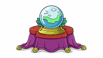 Poster - A weathered crystal ball swirling with mist and revealing glimpses of the future sitting atop a velvet cloth on a table in a mysterious wagon.  on. Cartoon Vector.