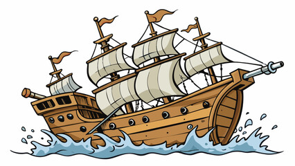 Poster - A weathered ship with a rusted iron hull and multiple masts supporting a tangle of frayed patched sails. Despite its worn appearance the ship moves. Cartoon Vector.