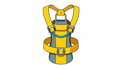 Poster - A yellow safety harness with adjustable ss and a large buckle. It has a metal clip at the front and is equipped with a pretend oxygen tank and hose. Cartoon Vector.