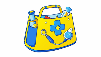 Aufkleber - A yellow and blue plastic bag with a clear front panel allowing you to see the colorful medical tools inside. The kit includes a reflex hammer a. Cartoon Vector.