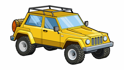 Poster - A yellow toy car with a sy frame and chunky wheels. The car has a roof rack on top suggesting it is meant for offroad adventures. The doors and trunk. Cartoon Vector.