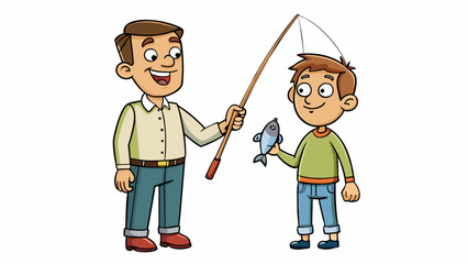 Poster - A young boy eagerly holds up a small fish he caught with his makeshift fishing pole fashioned out of a stick and some string. His father stands behind. Cartoon Vector.