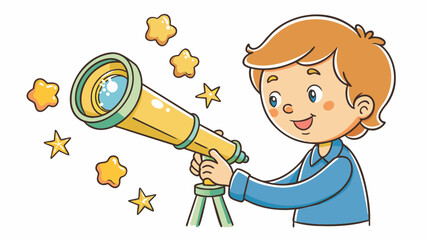 Poster - A young Astronomer peers through a small handheld device mesmerized by the bright ling stars in the lens. The device is circular in shape and has a. Cartoon Vector.