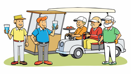 Aufkleber - After a long day on the course a group of golfers gather at the clubhouse happily discussing their shots and scores over glasses of cold lemonade. The. Cartoon Vector.
