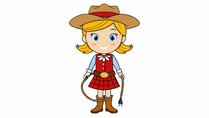 Poster - A young girl dressed in a cowgirl costume complete with a plaid shirt denim skirt and a red bandana tied around her neck. Her hat is tan and has a. Cartoon Vector.