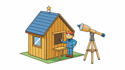 Poster - Along the coast a small wooden shack with a pointed rooftop overlooks the ocean. Inside a lone astronomer sits at a desk observing the night sky. Cartoon Vector.