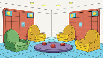 Fototapete - Along the walls there are rows of comfortable cushioned chairs for spectators to sit and watch the game. On the floor there are small circular markers. Cartoon Vector.