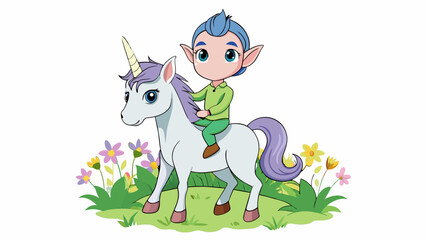 Wall Mural - A young elf sits atop a majestic unicorn their fingers entwined in its silky mane. The creatures horn gleams in the dappled sunlight as they ride. Cartoon Vector.