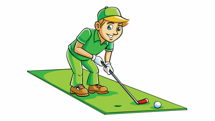 Poster - Amidst a field of neatly trimmed grass a golfer carefully lines up his shot studying the slope of the green and the direction of the wind. His trusty. Cartoon Vector.