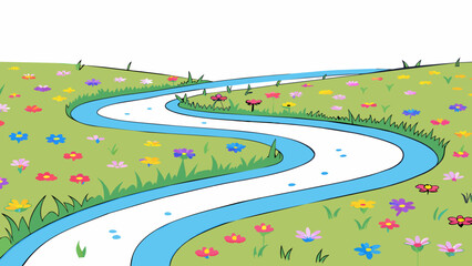 Aufkleber - Along its winding path the river is lined with wildflowers of every color their delicate petals dancing in the gentle breeze that blows over the cool. Cartoon Vector.