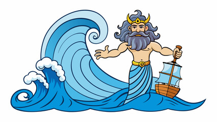 Poster - Along the shore a massive wave forms into the powerful god of the sea Poseidon. Water cascades down his chiseled body as he carries a ship in one hand. Cartoon Vector.
