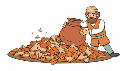 Poster - Amidst a pile of broken pottery shards an archaeologist uncovers a intact vessel. The vessel is decorated with a repeating pattern of geometric shapes. Cartoon Vector.