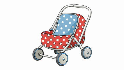 Sticker - An adorable doll stroller with a sy metal frame rubber wheels for smooth pushing and a stylish polka dot pattern fabric seat.  on white background . Cartoon Vector.