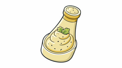 Aufkleber - An opaque ivorycolored dressing with visible pieces of dried herbs throughout. It has a robust earthy flavor lifted by a touch of zesty citrus. Cartoon Vector.