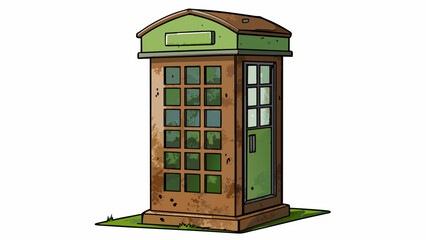 Poster - An oldfashioned telephone booth covered in rust and moss. A hidden keypad reveals itself when picked up allowing the user to enter their desired date. Cartoon Vector.
