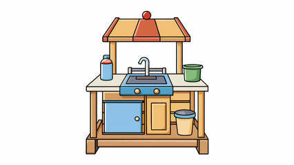 Poster - An outdoor play kitchen set with a real functioning water pump for washing dishes a grill for barbecuing and a wooden table for dining. The set also. Cartoon Vector.