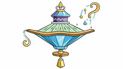 Poster - An ornate lamp made of shimmering crystal with a dangling tassel attached to its cap. When lit it reveals hidden messages and answers to the owners. Cartoon Vector.