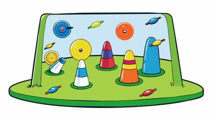 Aufkleber - An outdoor game played in a grassy backyard using a set of plastic darts with brightly colored body and contrasting black tips. The board is made of a. Cartoon Vector.