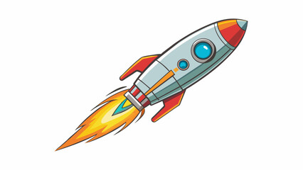 Poster - As it blasted off into the sky the rocket ships metal exterior glinted in the sunlight. Its cylindrical body was adorned with colorful decals and. Cartoon Vector.