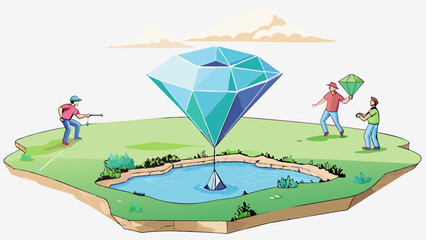 Poster - An oversized sparkling gemstone suspended in midair above a crystalclear lake. To achieve a holeinone players must hit their golf ball with just the. Cartoon Vector.