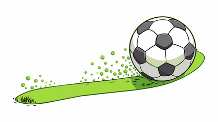 Poster - As it rolls across the green field the soccer ball leaves a trail of small rubber particles behind. These particles come from the rubber bladder. Cartoon Vector.