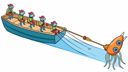 Aufkleber - As the boat moves further out to sea the crew begins to lower long thin lines into the water. These lines are equipped with multiple hooks each one. Cartoon Vector.