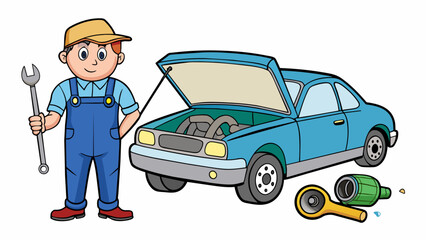 Aufkleber - As soon as the car broke down on the side of the road the engineer popped open the hood and began examining the engine. They had a set of tools in. Cartoon Vector.