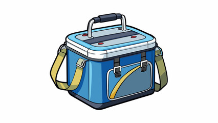 Aufkleber - Cooler C is a collapsible nylon bag with a shiny reflective material on the outside. It has a zippered closure and can hold a large amount of drinks. Cartoon Vector.