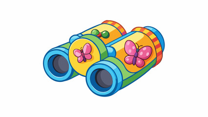 Poster - Childrens binoculars with a colorful plastic frame and a lightweight design ideal for little explorers. The lenses have a fixed focus providing a. Cartoon Vector.