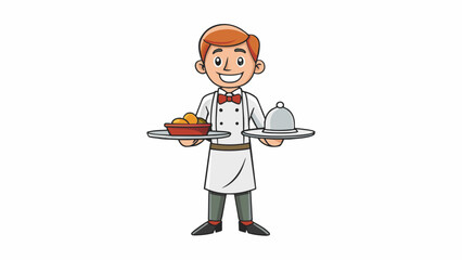 Canvas Print - Donning a crisp white apron and a friendly smile the caddy at the fancy restaurant gracefully navigated between tables carrying a large tray filled. Cartoon Vector.