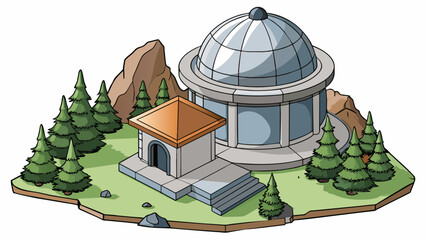 Poster - Deep in the mountains a stone structure with a round glass roof sits nestled within the trees. Visitors can climb up to the observation deck at the. Cartoon Vector.