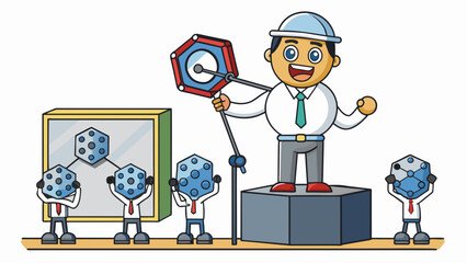 Aufkleber - During a conference presentation the nanotechnologist demonstrates the incredible strength of a carbon nanotube by using it to suspend a block of. Cartoon Vector.