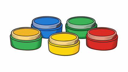 Aufkleber - Five round containers of finger paints each with a different primary color and a textured rubber grip around the sides for easy handling. The tops of. Cartoon Vector.