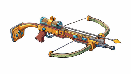 Poster - Imagine a handheld device that resembles a mix between a bow and a rifle. The front end has a short wide bow with an arrow knocked on the string while. Cartoon Vector.