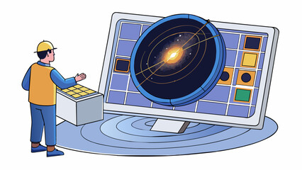 Aufkleber - In a dark observatory an Astronomer hovers over a computer screen analyzing data from a recent spacecraft mission. The data shows detailed images of a. Cartoon Vector.