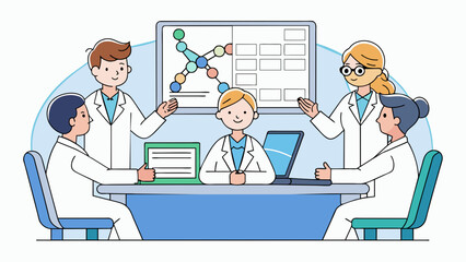 Fototapete - In a research facility a group of geneticists are sitting at a conference table looking at a computer screen with a DNA sequence displayed. They all. Cartoon Vector.