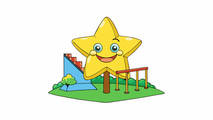 Poster - In a childs drawing a yellow star with five pointy rays and a smiling face sits at the top of a tree shining over the playground below.  on white. Cartoon Vector.