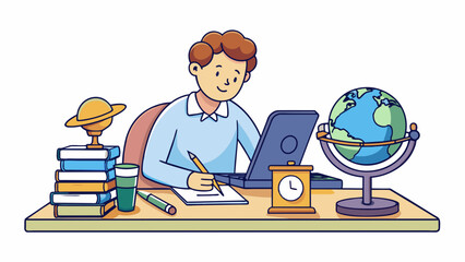 Poster - In a dark dimly lit room an Astronomer sits at a desk filled with stacks of papers and books scribbling calculations and notes in a worn notebook. On. Cartoon Vector.