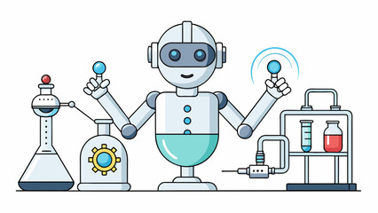 Aufkleber - In a laboratory a sleek white robot is conducting experiments. Its body is composed of smooth curved lines and it has a round glass head filled with. Cartoon Vector.