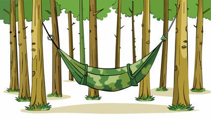 Sticker - In a dense forest a hammock made of camouflage fabric blends seamlessly with the surrounding trees. It is suspended between two thick trunks offering. Cartoon Vector.