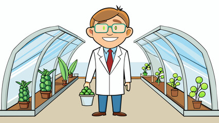 Aufkleber - In a greenhouse a geneticist is surrounded by a variety of plants that have been genetically modified to exhibit certain traits such as larger fruits. Cartoon Vector.