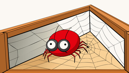 Fototapete - In the corner of the dusty attic sat a dusty old cobweb home to a lone red and black striped spider. It sat patiently waiting for its next. Cartoon Vector.