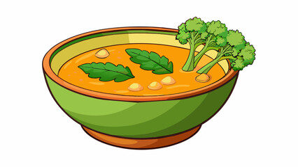 Wall Mural - In a vibrant bowl of vegetable soup a few dark green leaves of kale float on the surface adding a pop of color and texture to the broth. Their. Cartoon Vector.