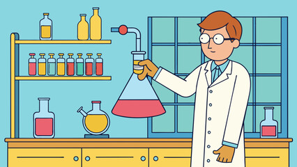 Poster - In a clean and wellorganized laboratory a chemist is standing at a fume hood carefully pouring a liquid from a large bottle into a smaller flask. The. Cartoon Vector.