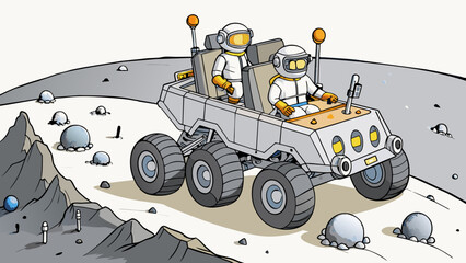 Poster - In a spacious lunar rover tourists don bulky silver spacesuits and embark on an excursion across the rugged craterriddled surface of the moon passing. Cartoon Vector.
