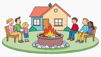 Aufkleber - In the backyard of a suburban home a family gathers around a fire pit in their deck. The flames are contained in a metal bowl and colorful stones are. Cartoon Vector.