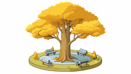 Fototapete - In the heart of a lush forest a towering tree with golden leaves and silver bark stands tall. Its branches stretch wide providing shade for a peaceful. Cartoon Vector.