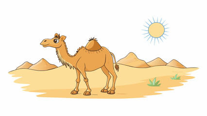 Poster - In the distance a lone camel can be seen trudging across the vast expanse of desert. Its gy coat of fur protects it from the scorching sun while its. Cartoon Vector.